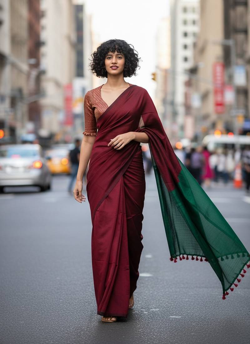 Red & tiya fancy cotton handloom saree with blouse piece for women