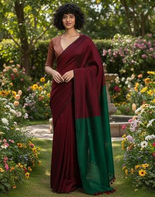 Red & tiya fancy cotton handloom saree with blouse piece for women 3