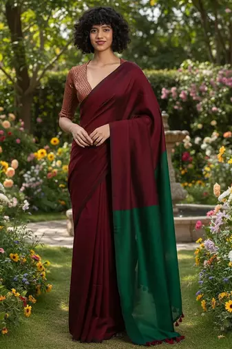 Red & tiya fancy cotton handloom saree with blouse piece for women