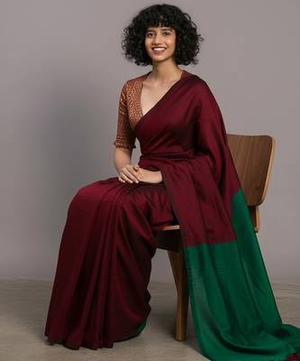 Red & tiya fancy cotton handloom saree with blouse piece for women 4