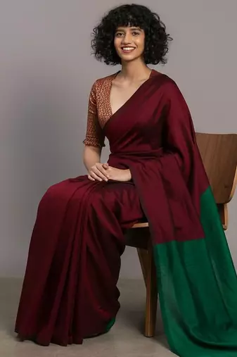 Red & tiya fancy cotton handloom saree with blouse piece for women