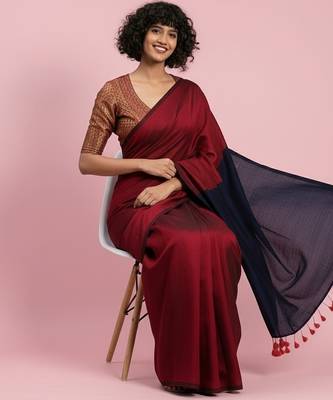 Red & black fancy cotton handloom saree with blouse piece for women 1