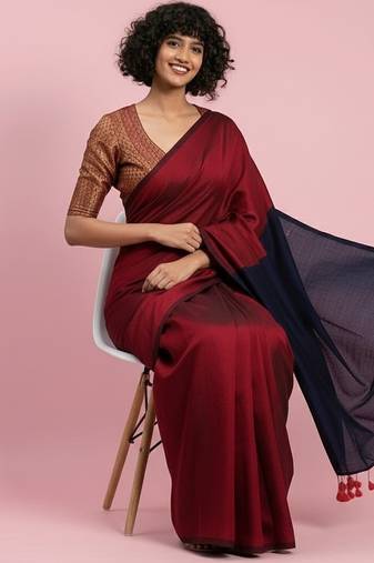 Red & black fancy cotton handloom saree with blouse piece for women