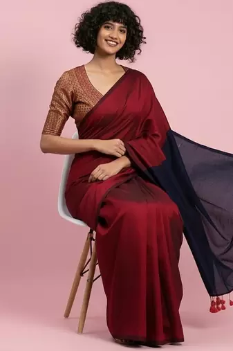 Red & black fancy cotton handloom saree with blouse piece for women