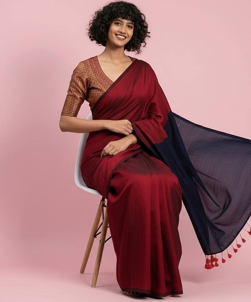 Red & black fancy cotton handloom saree with blouse piece for women