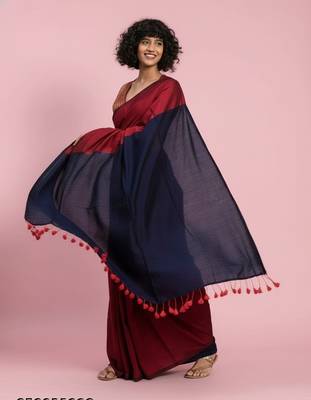 Red & black fancy cotton handloom saree with blouse piece for women 2