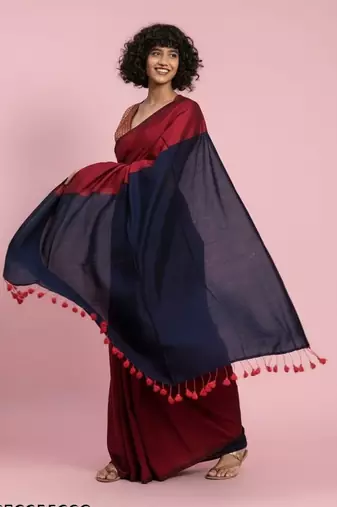 Red & black fancy cotton handloom saree with blouse piece for women
