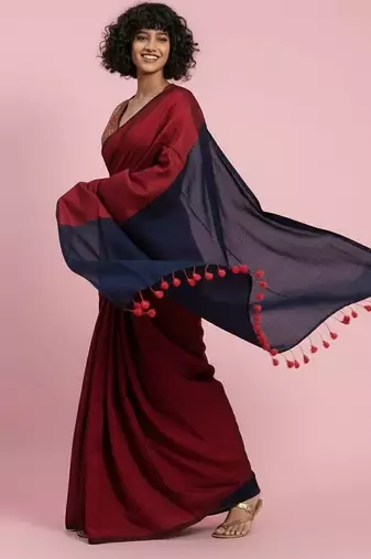 Red & black fancy cotton handloom saree with blouse piece for women