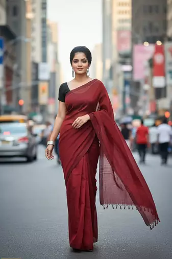 Red fancy cotton handloom saree with blouse piece for women