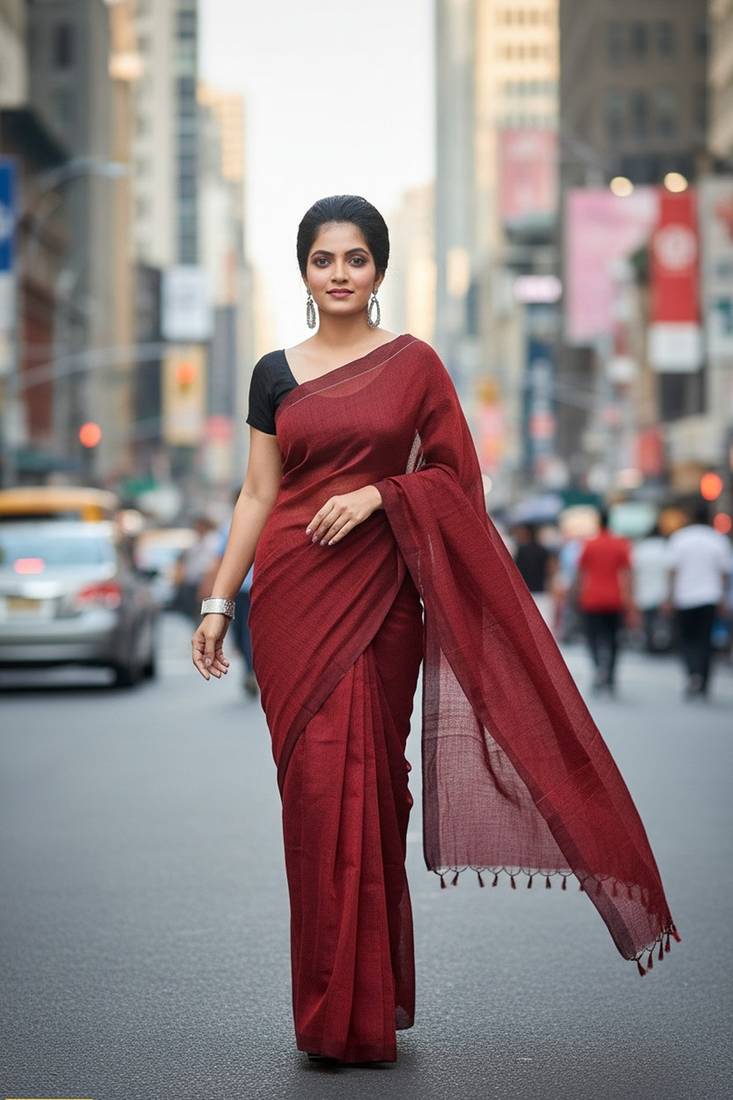 Red fancy cotton handloom saree with blouse piece for women