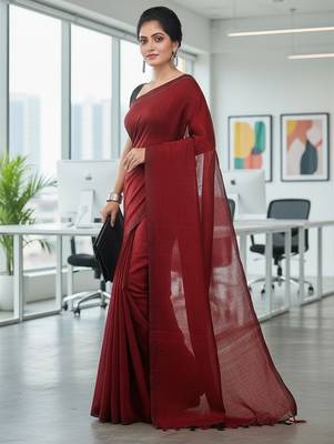 Red fancy cotton handloom saree with blouse piece for women 2