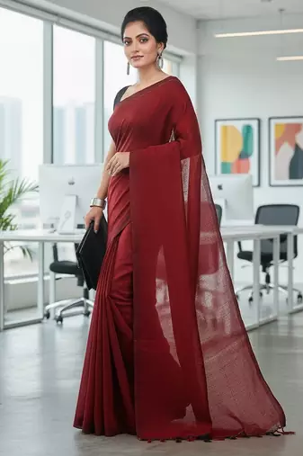 Red fancy cotton handloom saree with blouse piece for women
