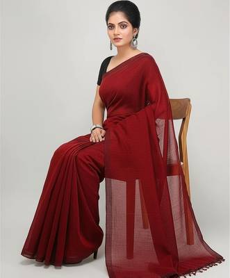 Red fancy cotton handloom saree with blouse piece for women 4