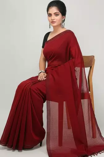 Red fancy cotton handloom saree with blouse piece for women