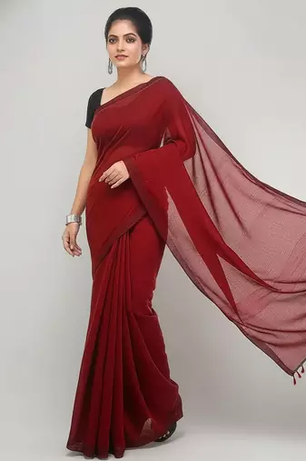 Red fancy cotton handloom saree with blouse piece for women