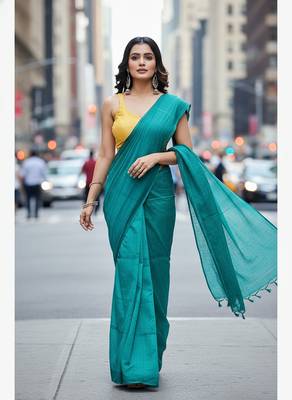Teal fancy cotton handloom saree with blouse piece for women 1