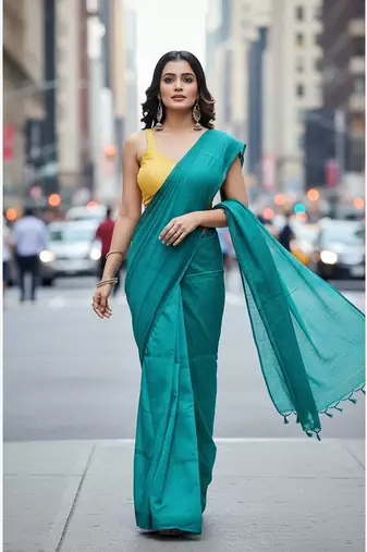 Teal fancy cotton handloom saree with blouse piece for women