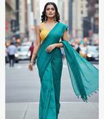 Teal fancy cotton handloom saree with blouse piece for women