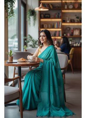 Teal fancy cotton handloom saree with blouse piece for women 2