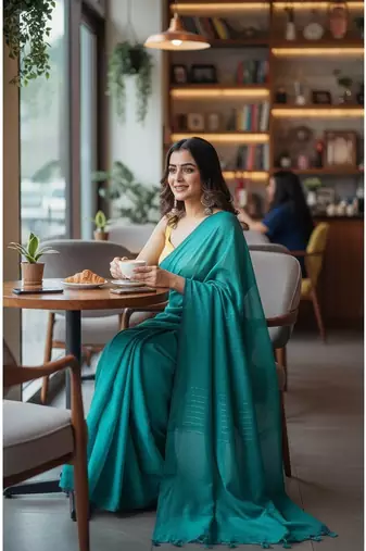 Teal fancy cotton handloom saree with blouse piece for women