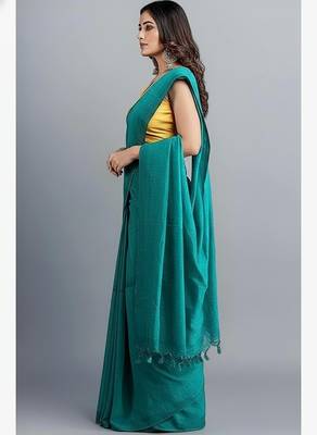 Teal fancy cotton handloom saree with blouse piece for women 3