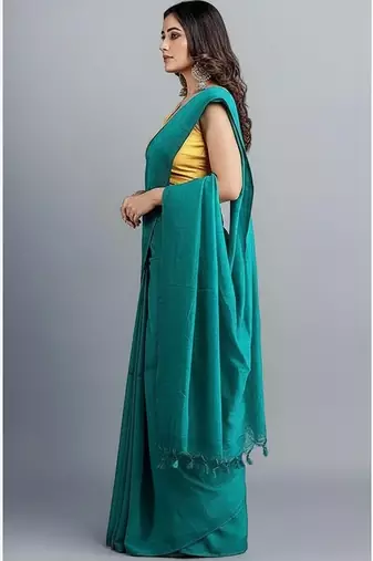 Teal fancy cotton handloom saree with blouse piece for women
