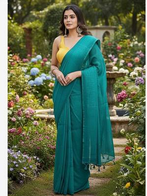 Teal fancy cotton handloom saree with blouse piece for women 4