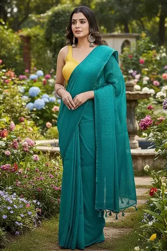 Teal fancy cotton handloom saree with blouse piece for women