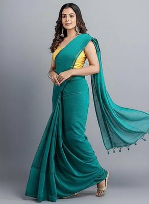Teal fancy cotton handloom saree with blouse piece for women 5