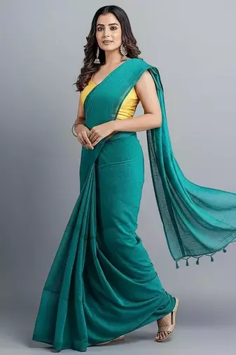 Teal fancy cotton handloom saree with blouse piece for women
