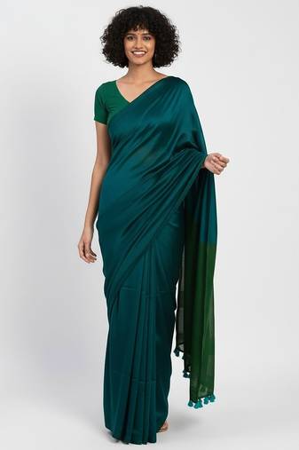Teal fancy cotton handloom saree with blouse piece for women