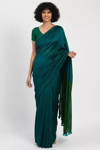 Teal fancy cotton handloom saree with blouse piece for women