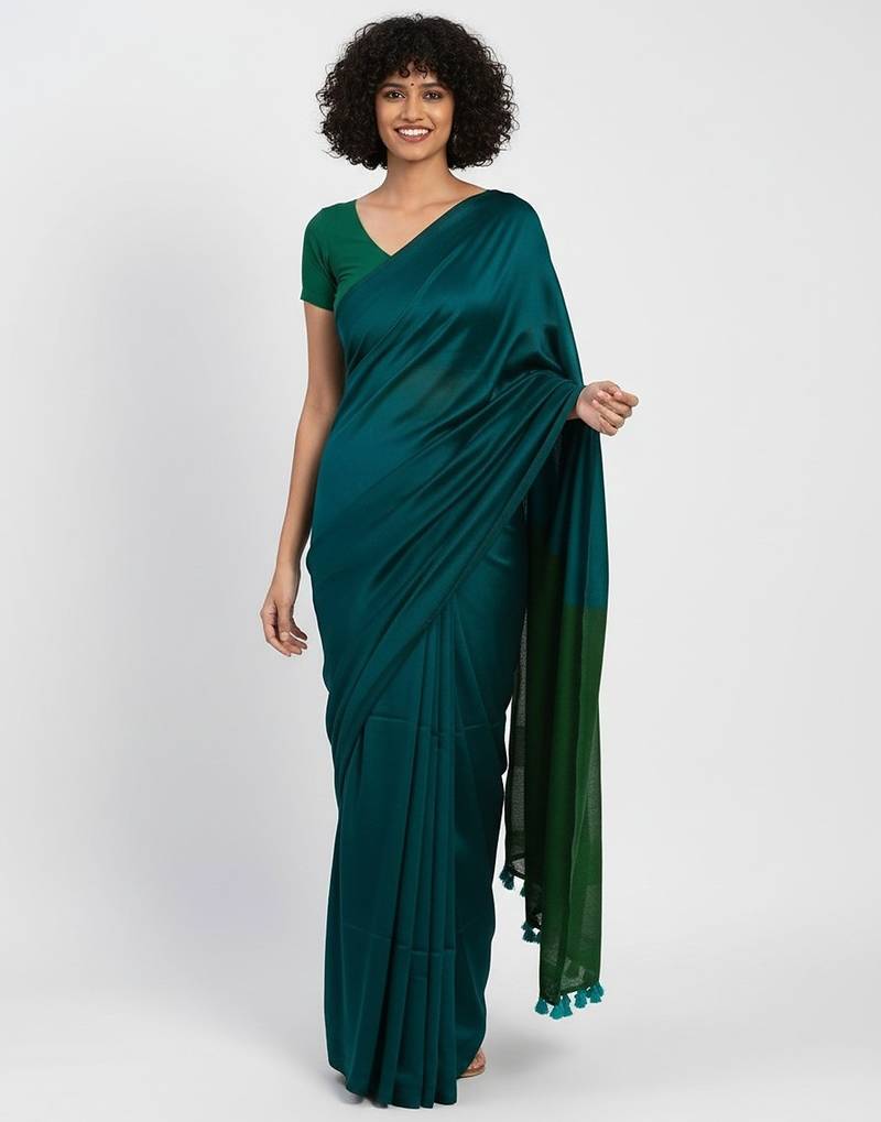 Teal fancy cotton handloom saree with blouse piece for women