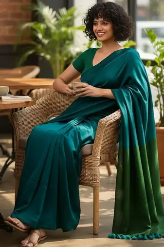 Teal fancy cotton handloom saree with blouse piece for women