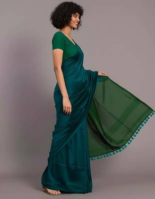 Teal fancy cotton handloom saree with blouse piece for women 3