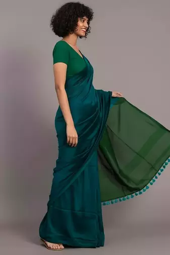 Teal fancy cotton handloom saree with blouse piece for women