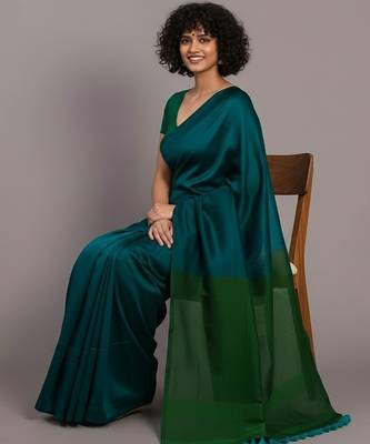 Teal fancy cotton handloom saree with blouse piece for women 4