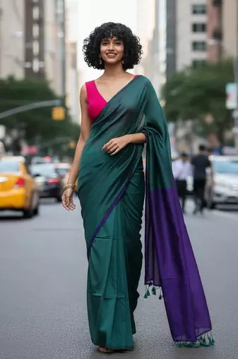 Teal & violet fancy cotton handloom saree with blouse piece for women