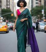 Teal & violet fancy cotton handloom saree with blouse piece for women