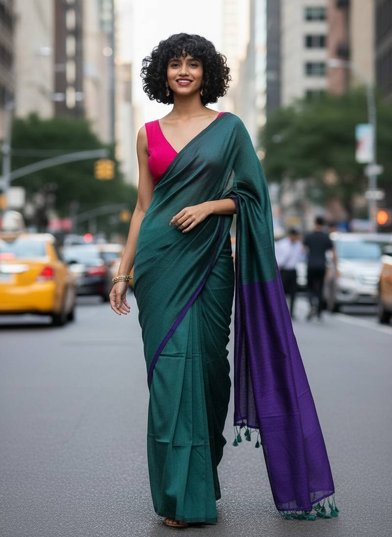 Teal & violet fancy cotton handloom saree with blouse piece for women