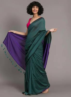 Teal & violet fancy cotton handloom saree with blouse piece for women 2