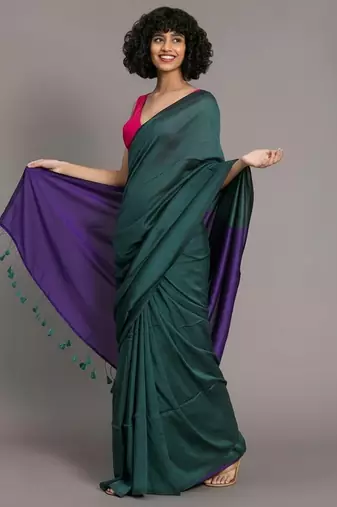 Teal & violet fancy cotton handloom saree with blouse piece for women