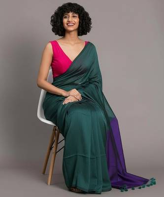 Teal & violet fancy cotton handloom saree with blouse piece for women 3