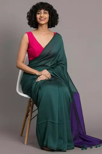 Teal & violet fancy cotton handloom saree with blouse piece for women