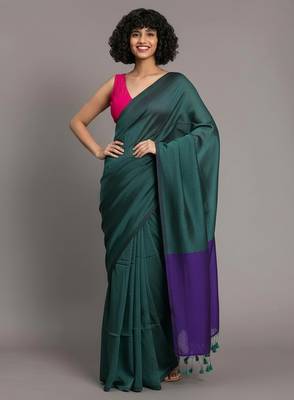 Teal & violet fancy cotton handloom saree with blouse piece for women 4