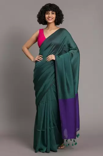 Teal & violet fancy cotton handloom saree with blouse piece for women