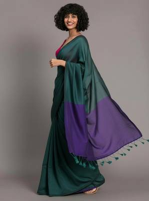 Teal & violet fancy cotton handloom saree with blouse piece for women 5