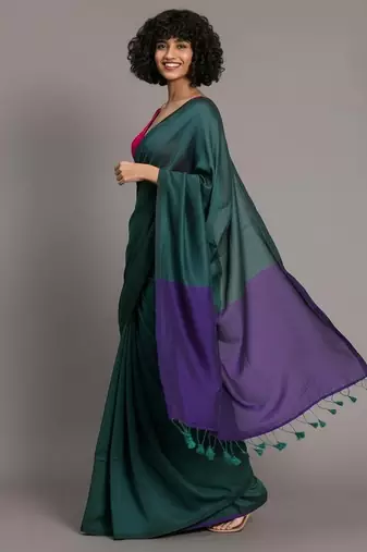 Teal & violet fancy cotton handloom saree with blouse piece for women
