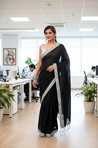 White & black fancy cotton handloom saree with blouse piece for women