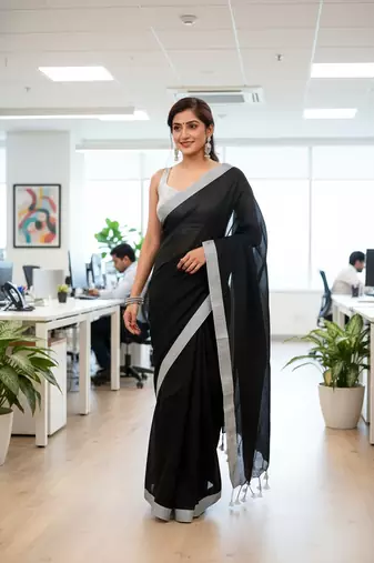 White & black fancy cotton handloom saree with blouse piece for women
